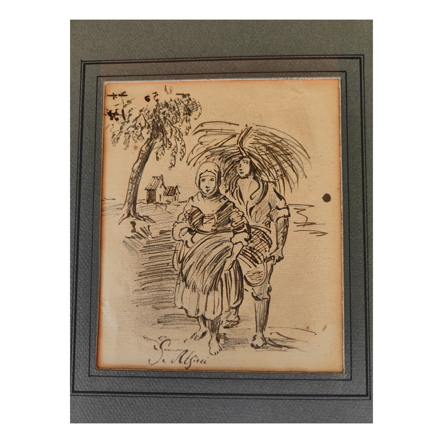 Paysans Marchant dessin S. Alfieri scène rurale paysans campagne art italien authentique