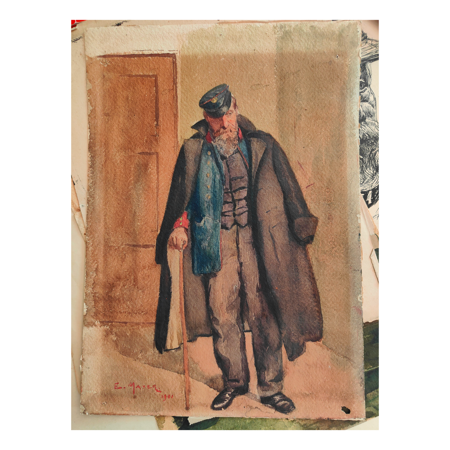 Vieux Soldat à la Canne aquarelle Elfriede Mayer militaire vétéran scène de genre art allemand authentique