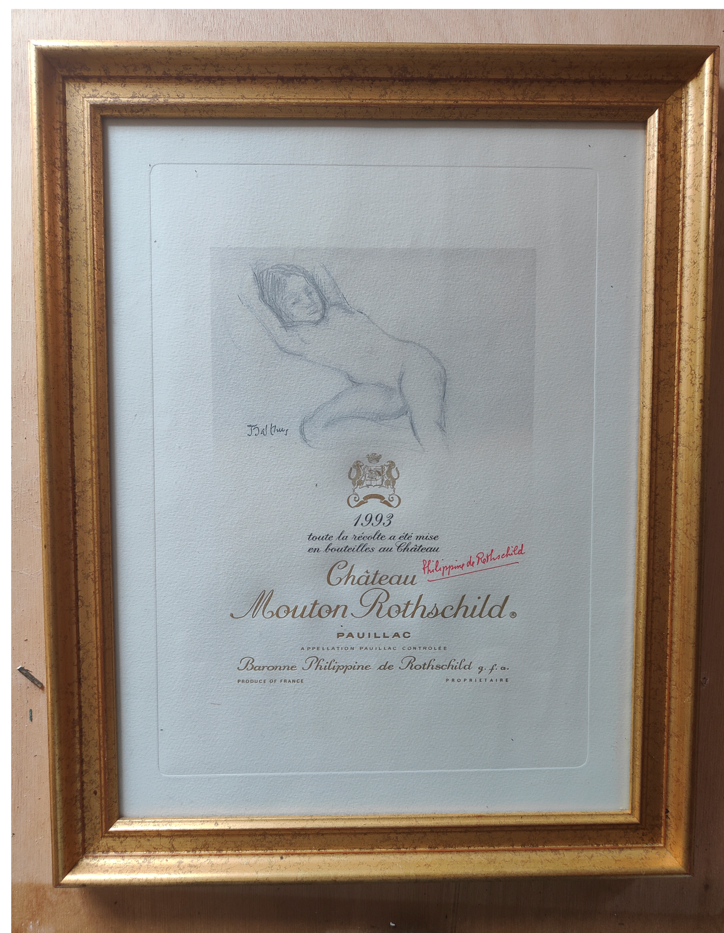 Modèle gravé de l'étiquette de Mouton Rothschild 93 gravure Balthus vin art étiquette 1993 35x44 cm 400 euros