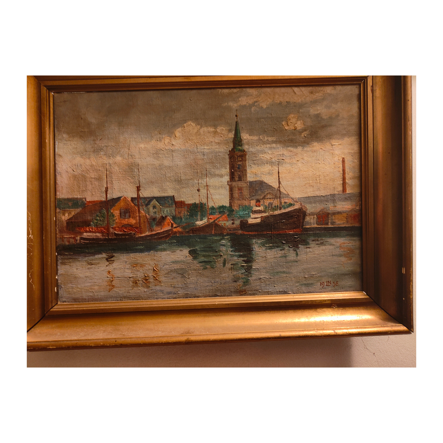 Port allemand huile sur toile monogrammé I.N. scène portuaire bateaux quai art moderne