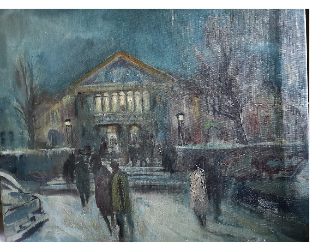 Un Soir au Théâtre huile sur toile non signée scène théâtrale spectateurs intérieur artistique art moderne