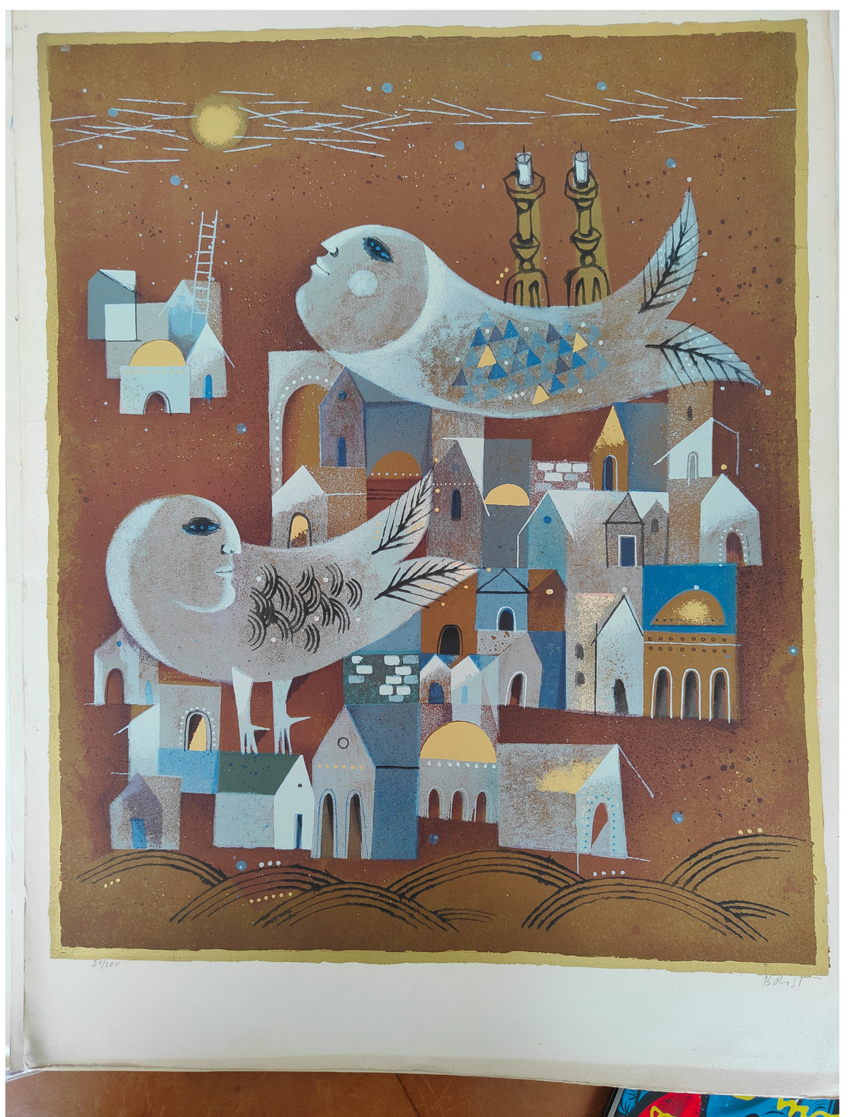Migratory Birds lithographie Samy Briss oiseaux migrateurs vol scène naturelle art graphique contemporain