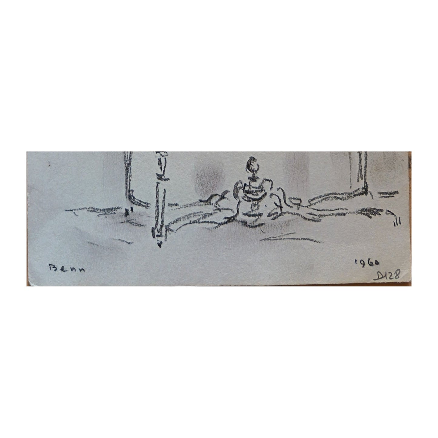 Dessin sur carnet d’étude de Benn intitulé Intérieur, scène intérieure au trait fin, œuvre non encadrée au format 16 x 24 cm