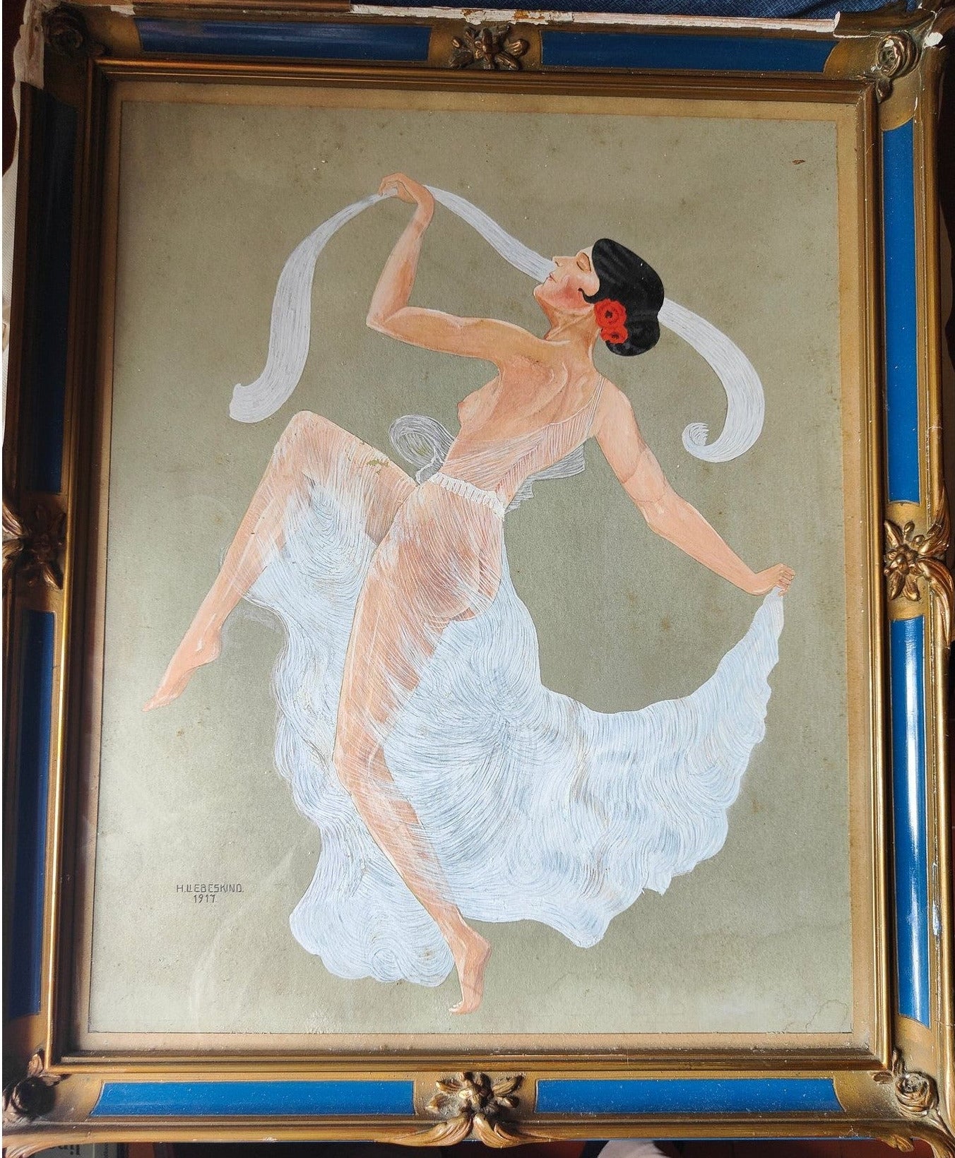 Aquarelle ancienne Danseuse légère signée H. Liebeskind et datée 1917, œuvre élégante et encadrée, belle scène artistique malgré artiste non reconnu.