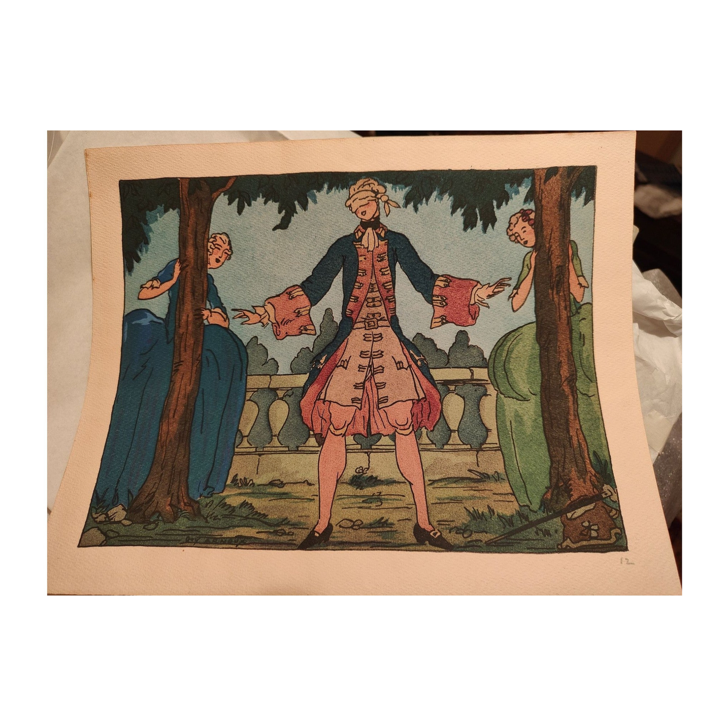 Gravure en couleurs Colin-Maillard de Guy Arnoux, datée 1930 et signée dans la planche, œuvre très rare et authentique, idéale pour collection d’estampes.