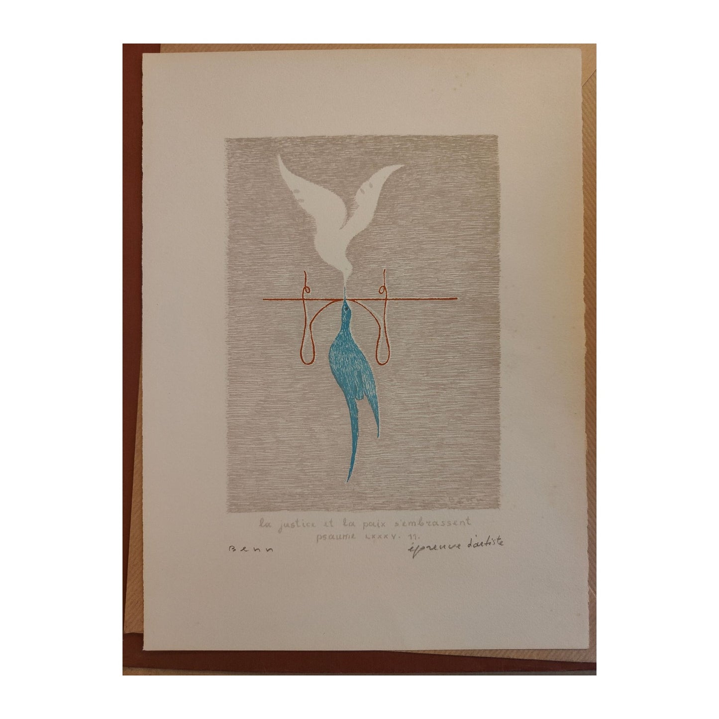 Lithographie couleur La justice et la paix s’embrassent de Benn, signée au crayon, épreuve d’artiste inspirée du Psaume 85:11, œuvre spirituelle et rare.