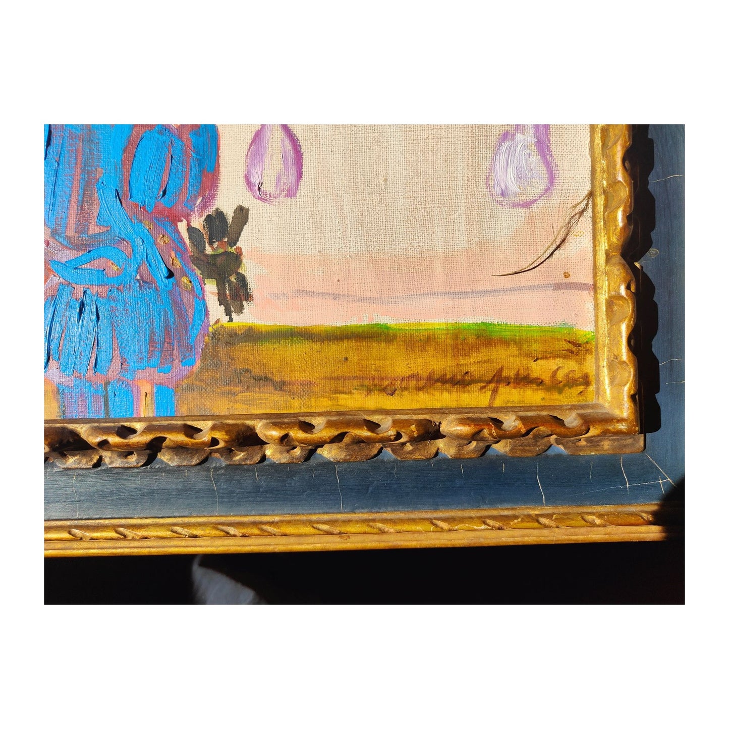 Grande huile sur toile signée de Pincas Moreno intitulée Le Peintre, représentant un artiste au travail, œuvre encadrée au style moderne et expressif