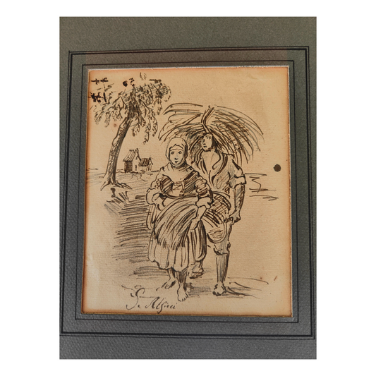 Paysans Marchant dessin S. Alfieri scène rurale paysans campagne art italien authentique