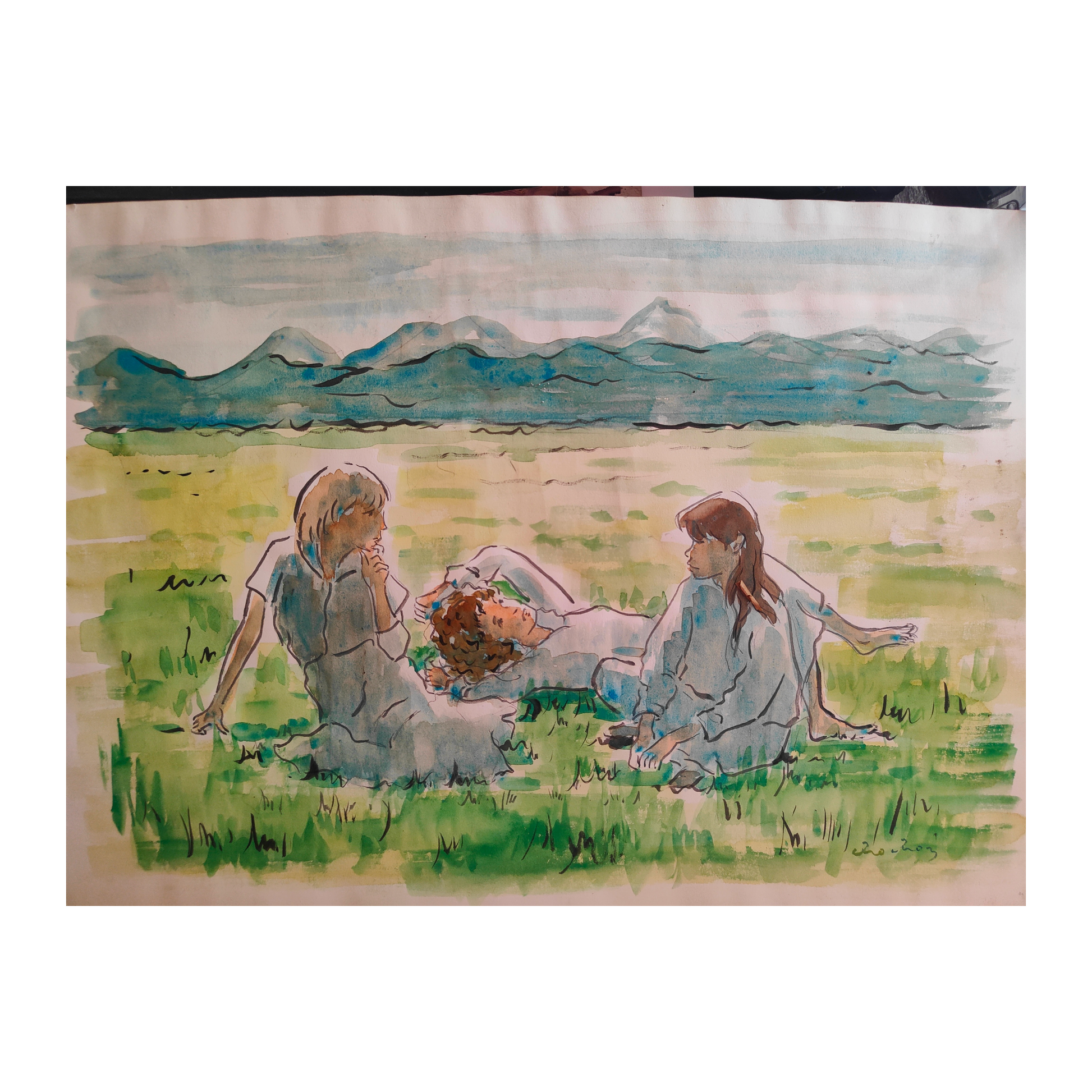 Sur l'Herbe aquarelle André Chochon scène bucolique paysage art français authentique
