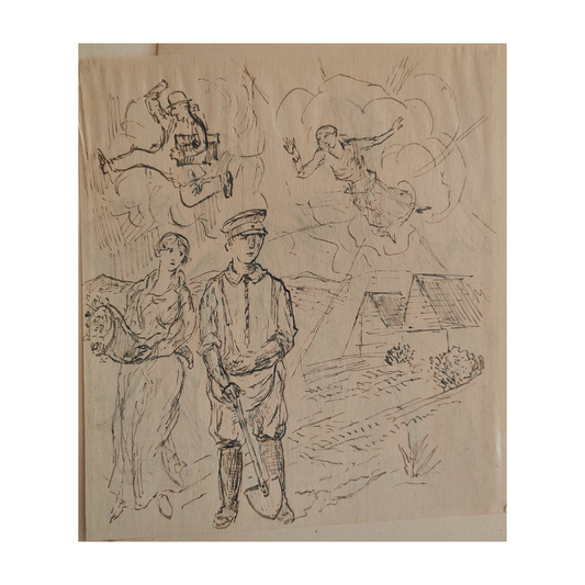 Paysan Couple au verso dessin Lothar Homeyer scène rurale recto verso art allemand authentique