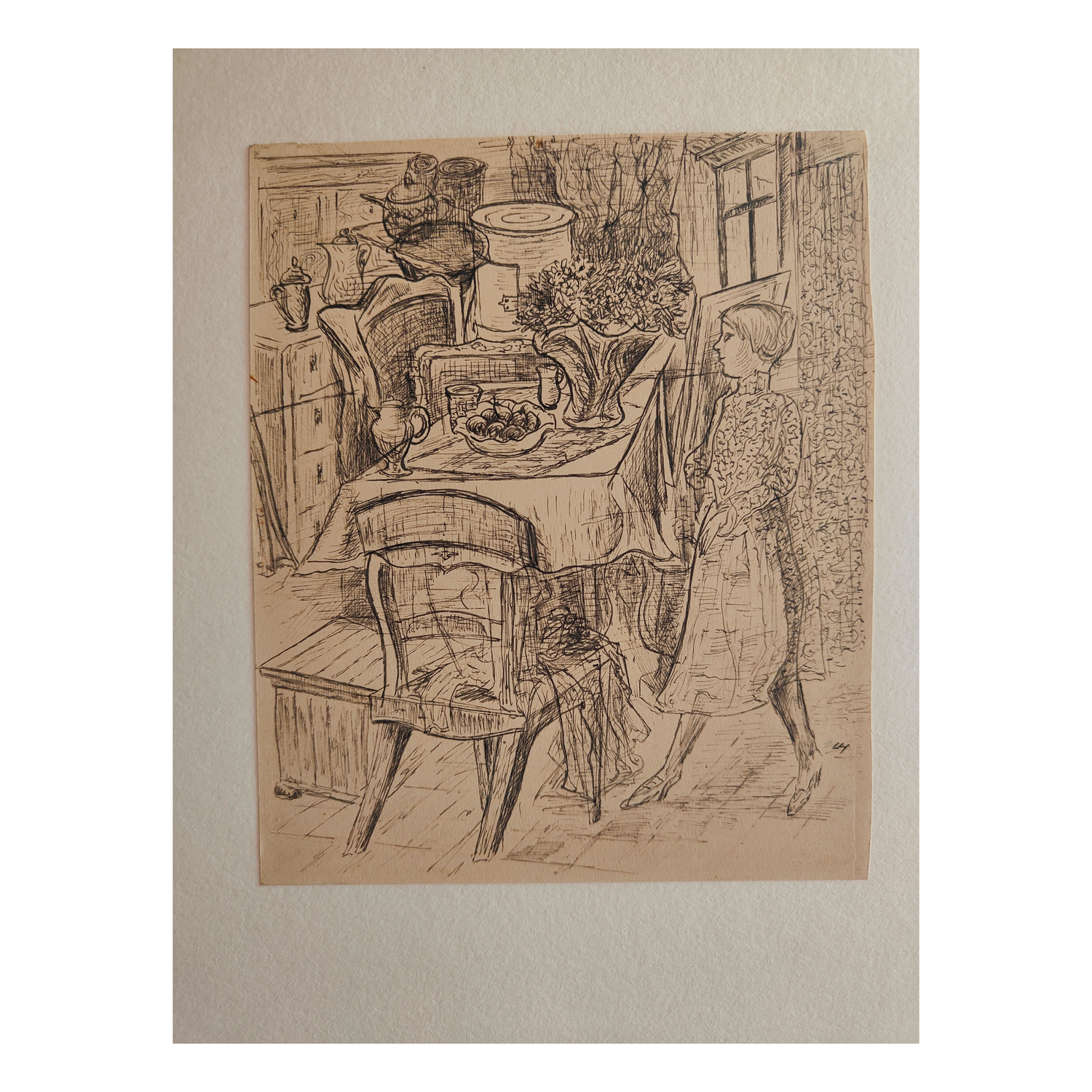 Dans la Salle à Manger dessin encre Lothar Homeyer scène d'intérieur salle à manger art allemand authentique