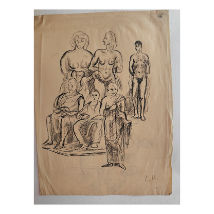 Nus (Au Dos à Table) dessin encre Lothar Homeyer nus artistiques recto verso table art allemand authentique