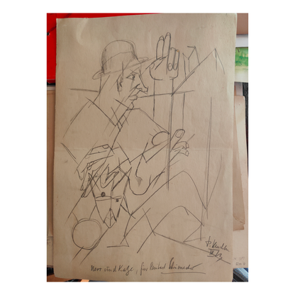 Homme au Chat dessin crayon signature non reconnue scène intimiste homme animal art français 200 euros