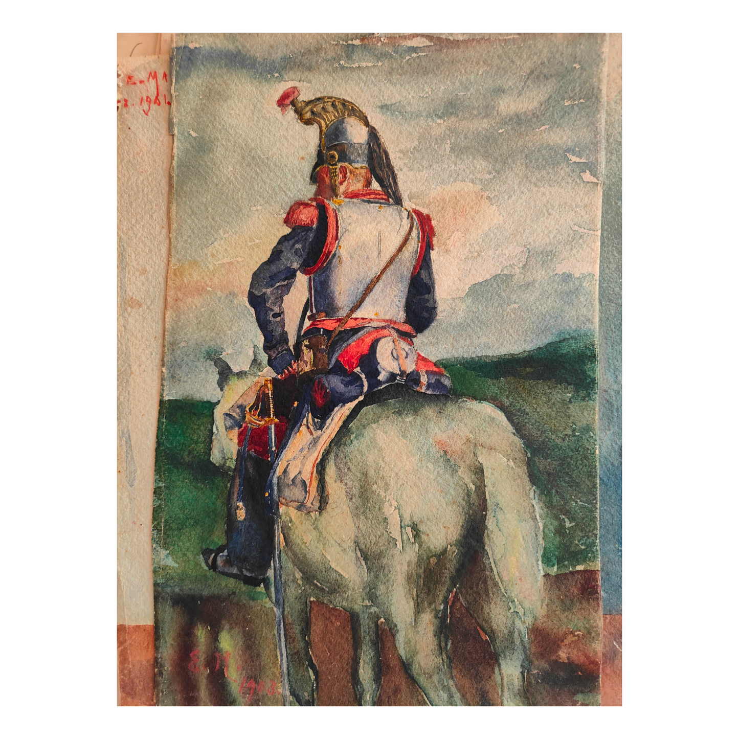Cavalier aquarelle Elfriede Mayer scène équestre cavalerie art allemand authentique