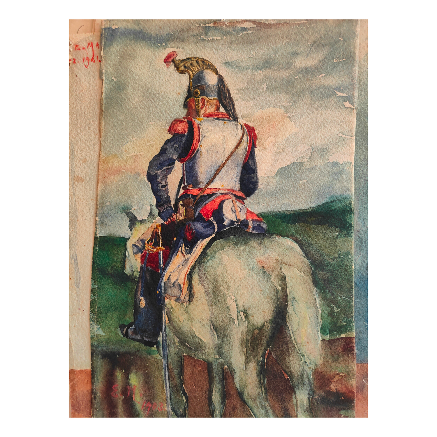 Cavalier aquarelle Elfriede Mayer scène équestre cavalerie art allemand authentique