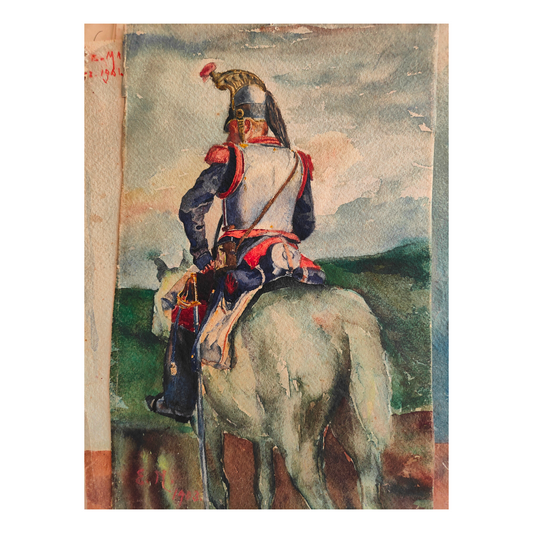 Cavalier aquarelle Elfriede Mayer scène équestre cavalerie art allemand authentique