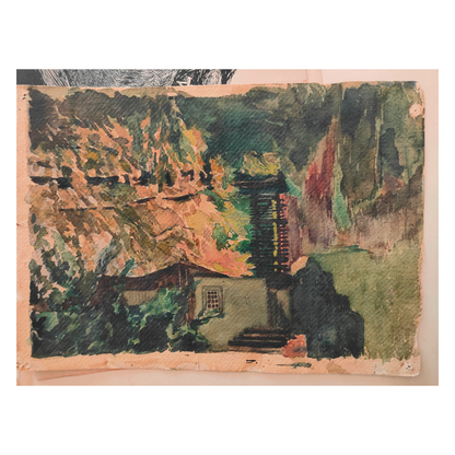 Enclos et Soldat aquarelle dessin Elfriede Mayer recto verso scène militaire art allemand authentique