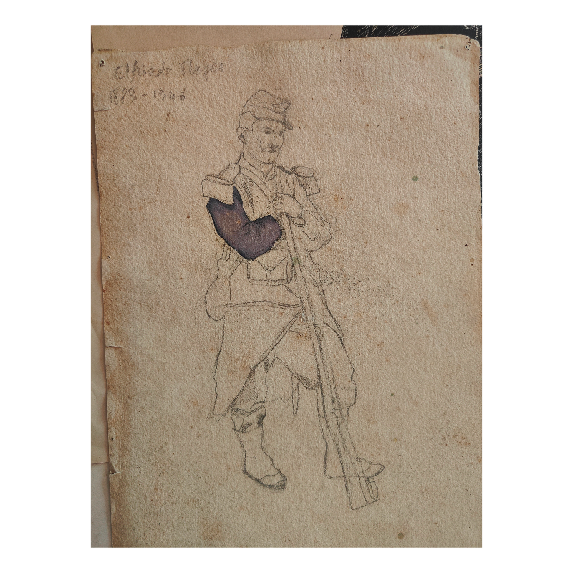 Enclos et Soldat aquarelle dessin Elfriede Mayer recto verso scène militaire art allemand authentique