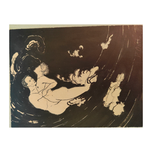 Couple dans la Vague dessin Kurt Opitz scène romantique vague mer art allemand authentique