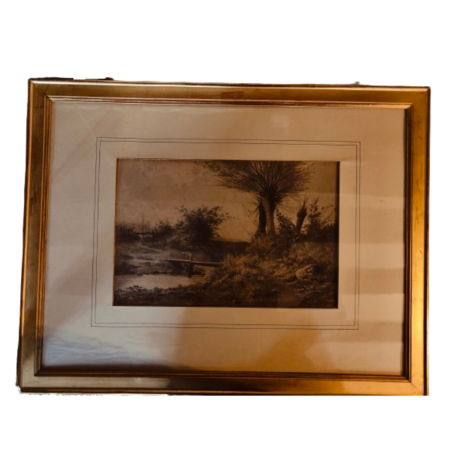 Paysage au cours d'eau dessin fusain Auguste Allongé paysage fluvial art français XIXe siècle 350 euros