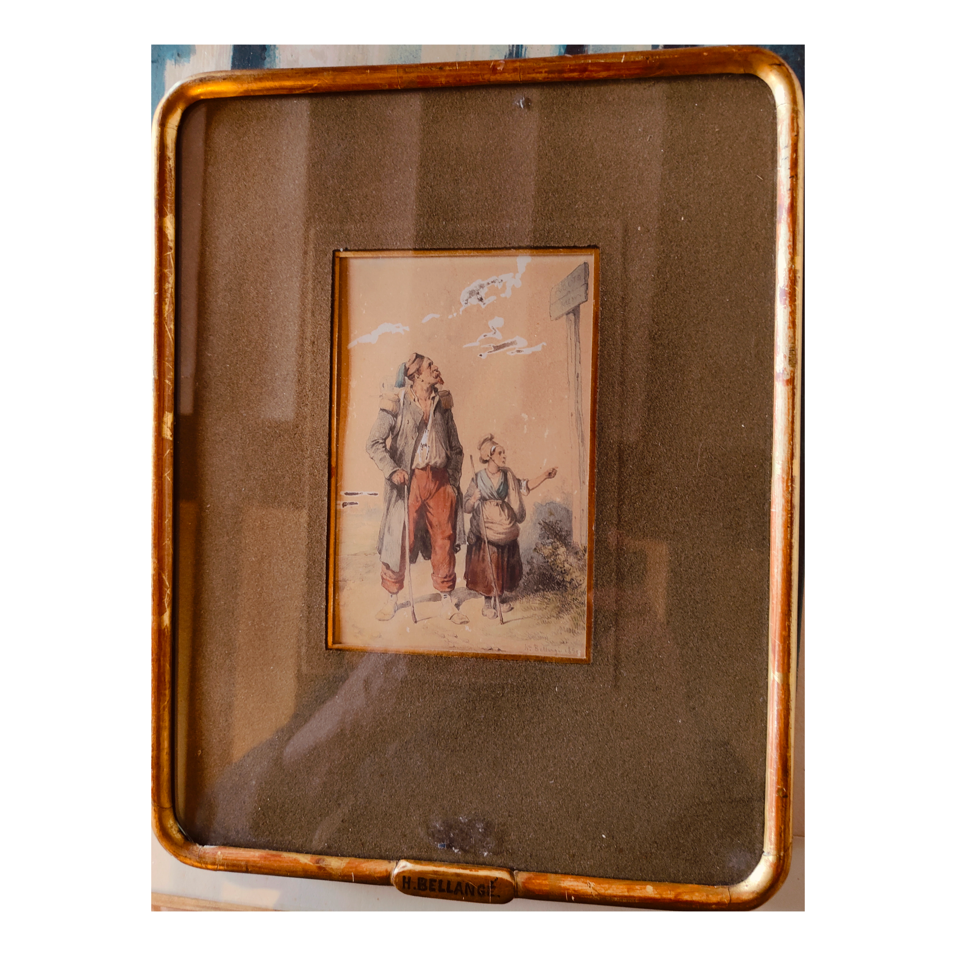 Soldat avec enfant aquarelle Hippolyte Bellangé scène militaire famille art français XIXe siècle authentique