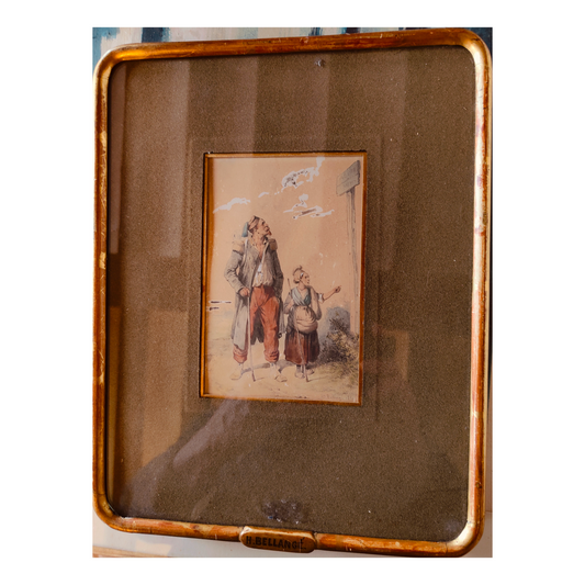 Soldat avec enfant aquarelle Hippolyte Bellangé scène militaire famille art français XIXe siècle authentique