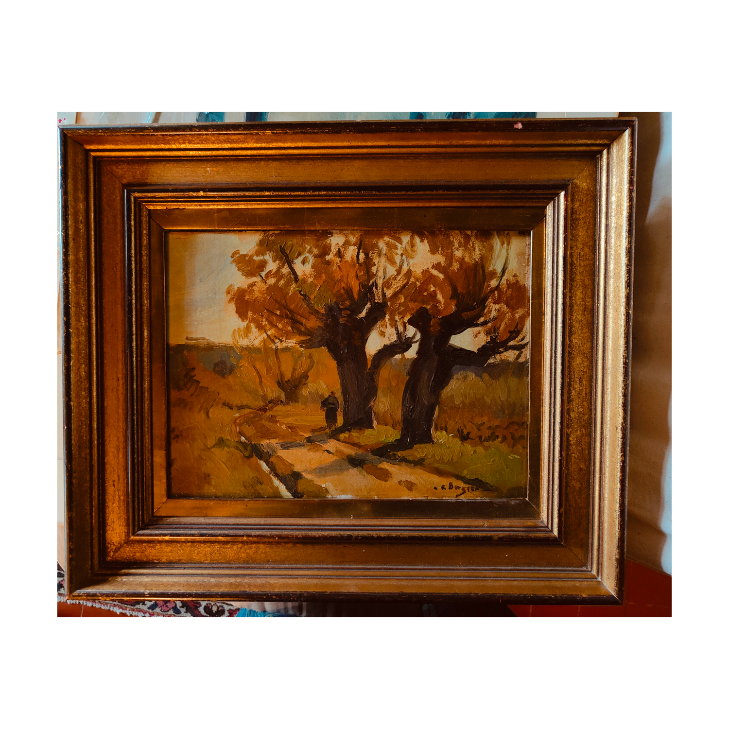 Les Deux Tilleuls huile sur carton Alfred Bergier paysage arboré scène naturelle art français moderne 350 euros