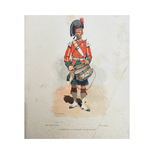 Tambour du 42e Régiment des Highlanders gravure Édouard Detaille soldat militaire uniforme tambour scène historique art graphique XIXe siècle
