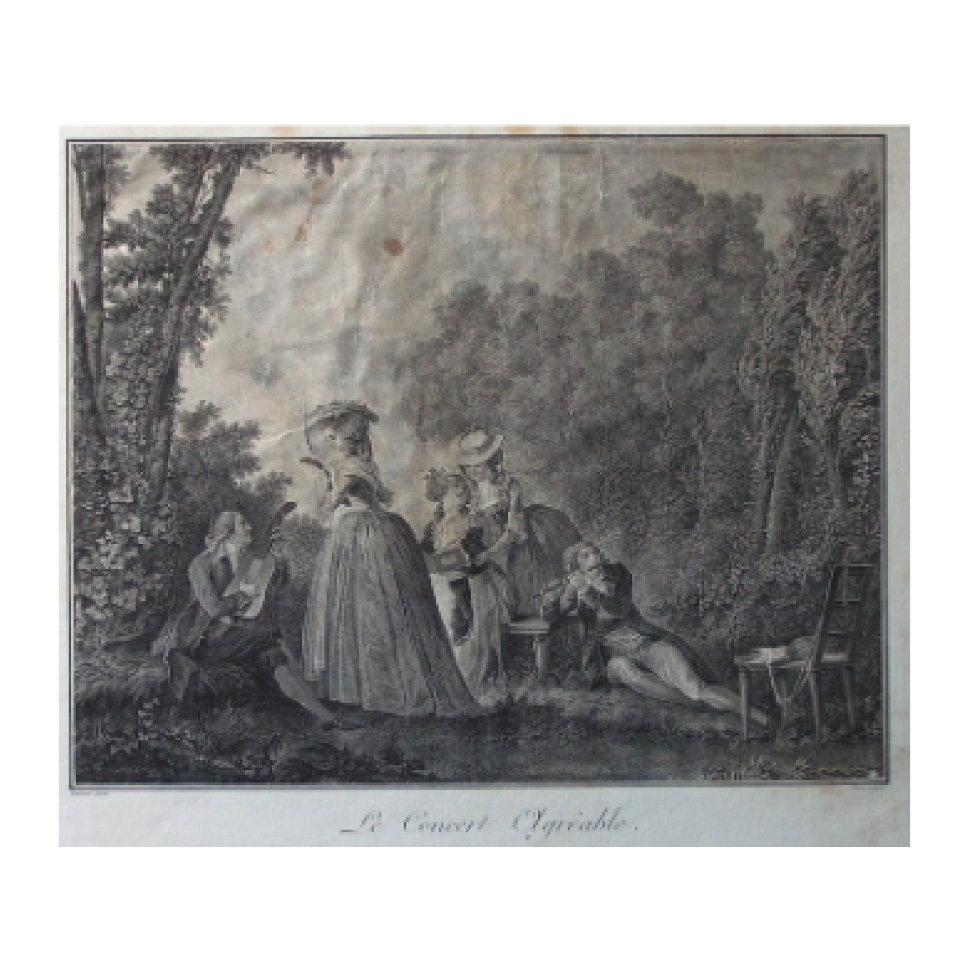 Copie partielle du « Concert Agréable » gravure d'après Varin sur œuvre du peintre suédois Lavreince scène musicale art graphique
