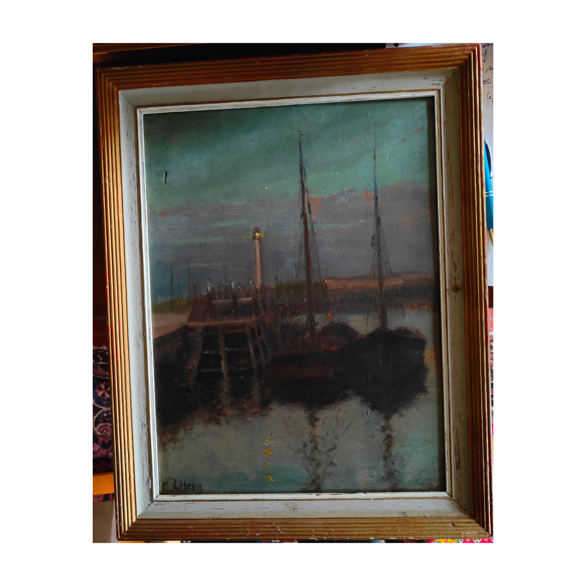 Le Port la Nuit peinture à l'huile C. Lebeau paysage nocturne portuaire atmosphère nocturne art moderne
