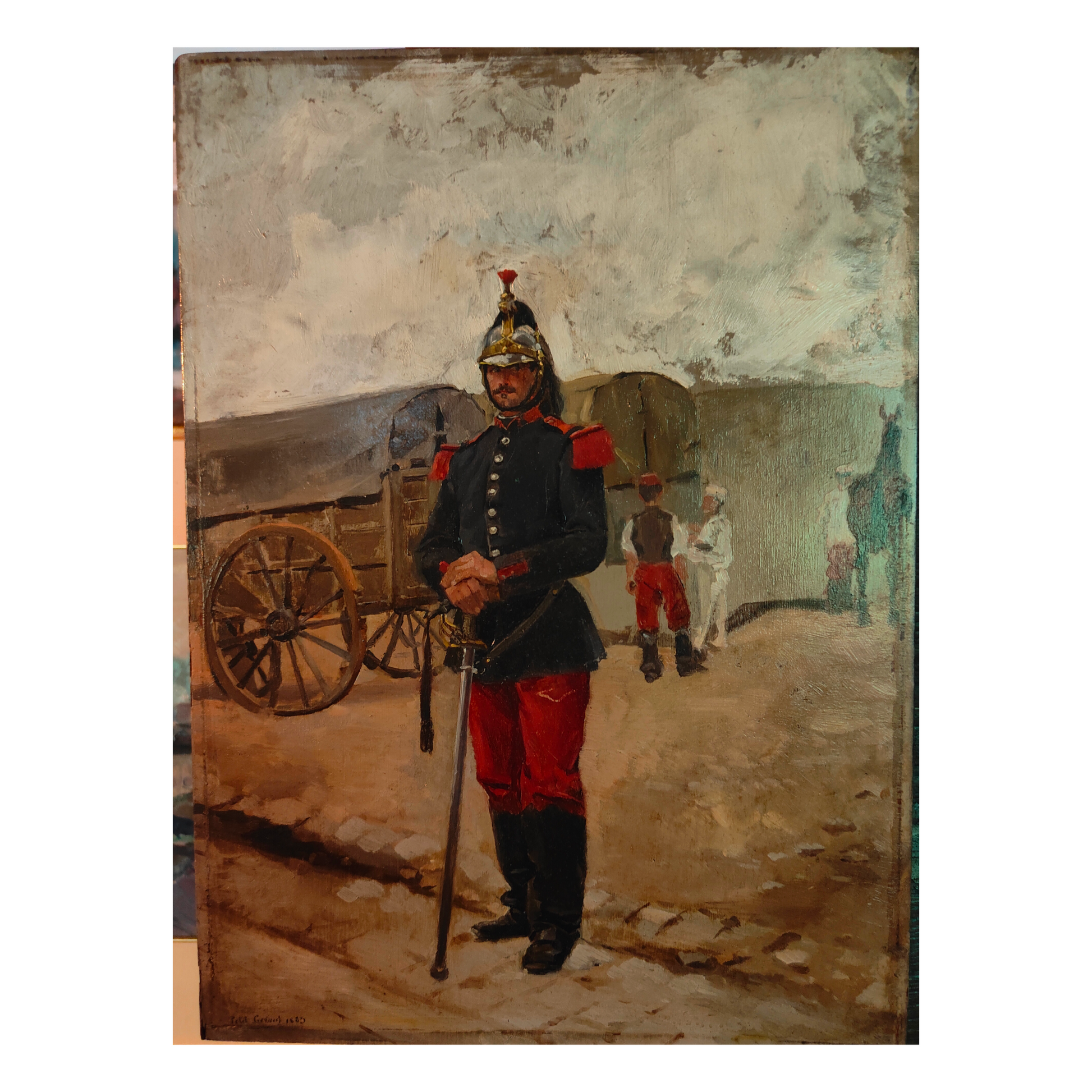 Soldat français huile sur panneau Petit-Gérard portrait militaire uniforme scène historique art français
