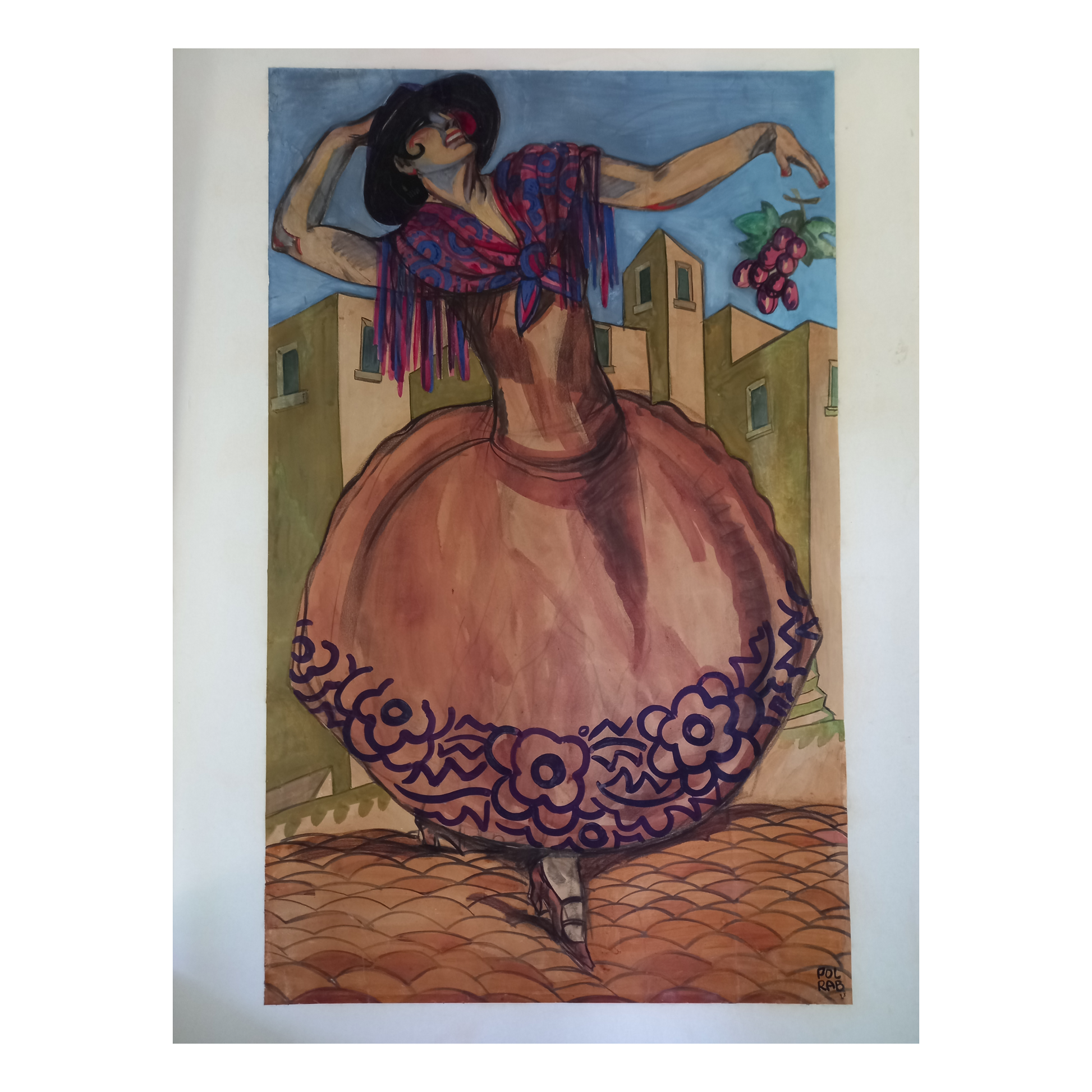 Projet d'affiche danseuse espagnole gouache Pol Rab art publicitaire danse flamenco 180x100 cm 1500 euros