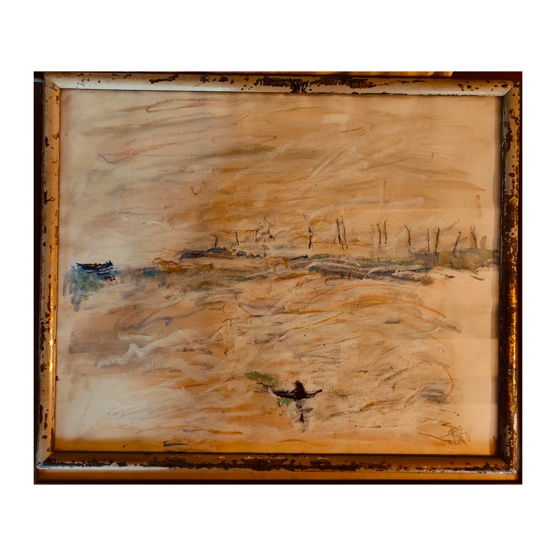 Pêcheur dessin crayon couleur scène maritime pêche art français non signé authentique