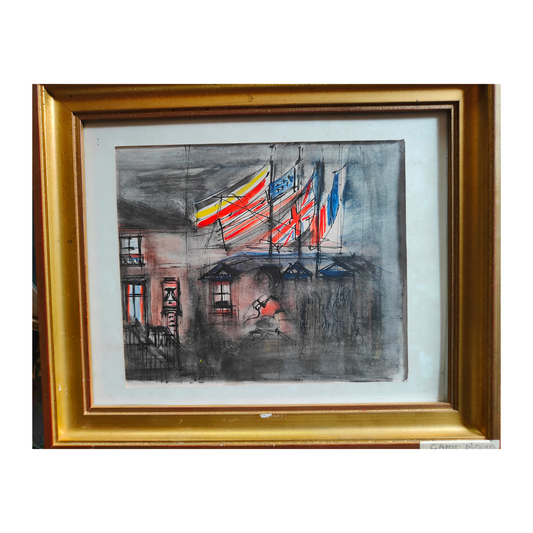 Drapeaux aquarelle scène patriotique symboles nationaux art français non signé authentique 