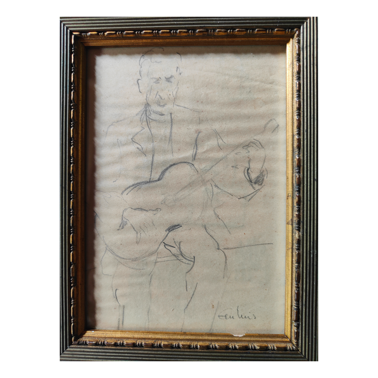 Homme à la Guitare dessin lavis Luis Gen musicien guitare art moderne français authentique