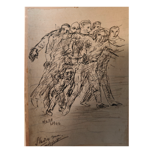 Groupe d'Hommes dessin encre Lothar Homeyer scène de groupe personnages art allemand authentique