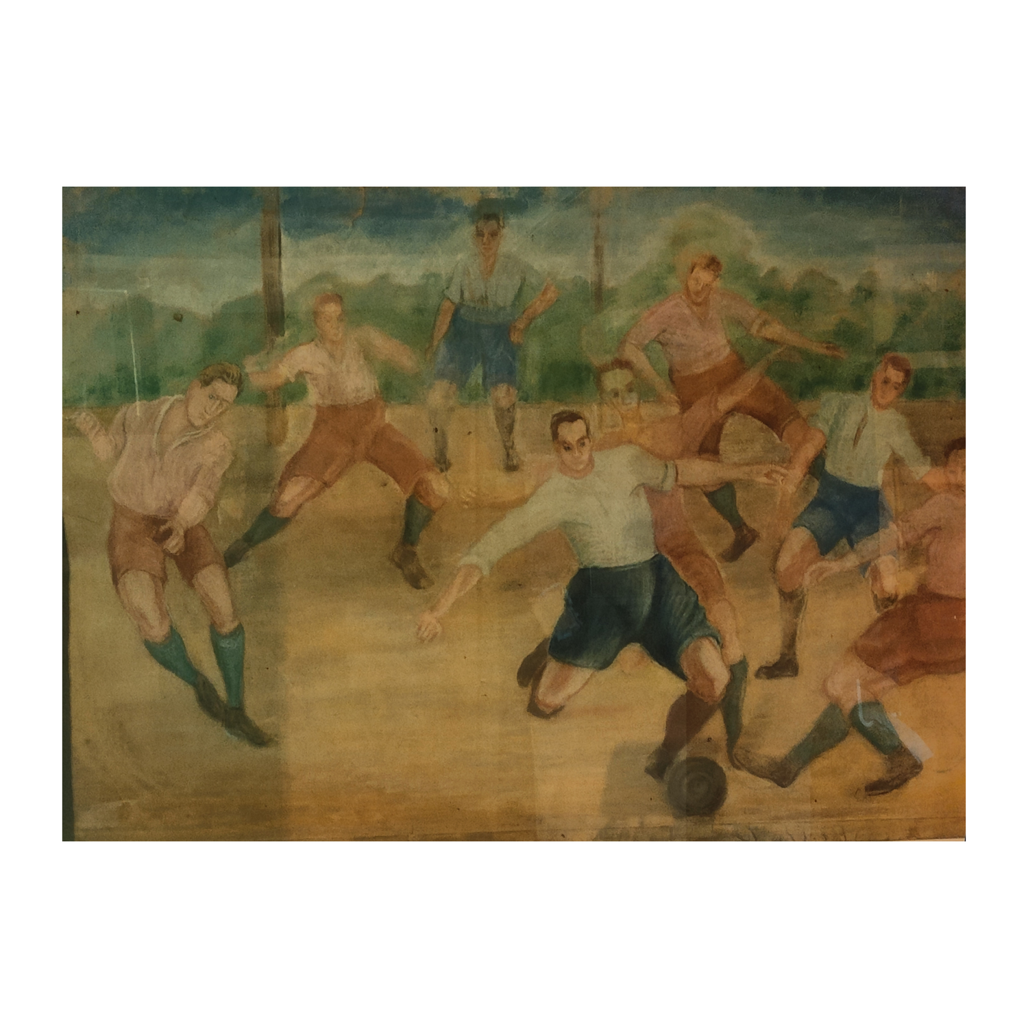 La Partie de Football pastel craie Rudolf Möller scène sportive art moderne allemand 100x71 cm 1500 euros