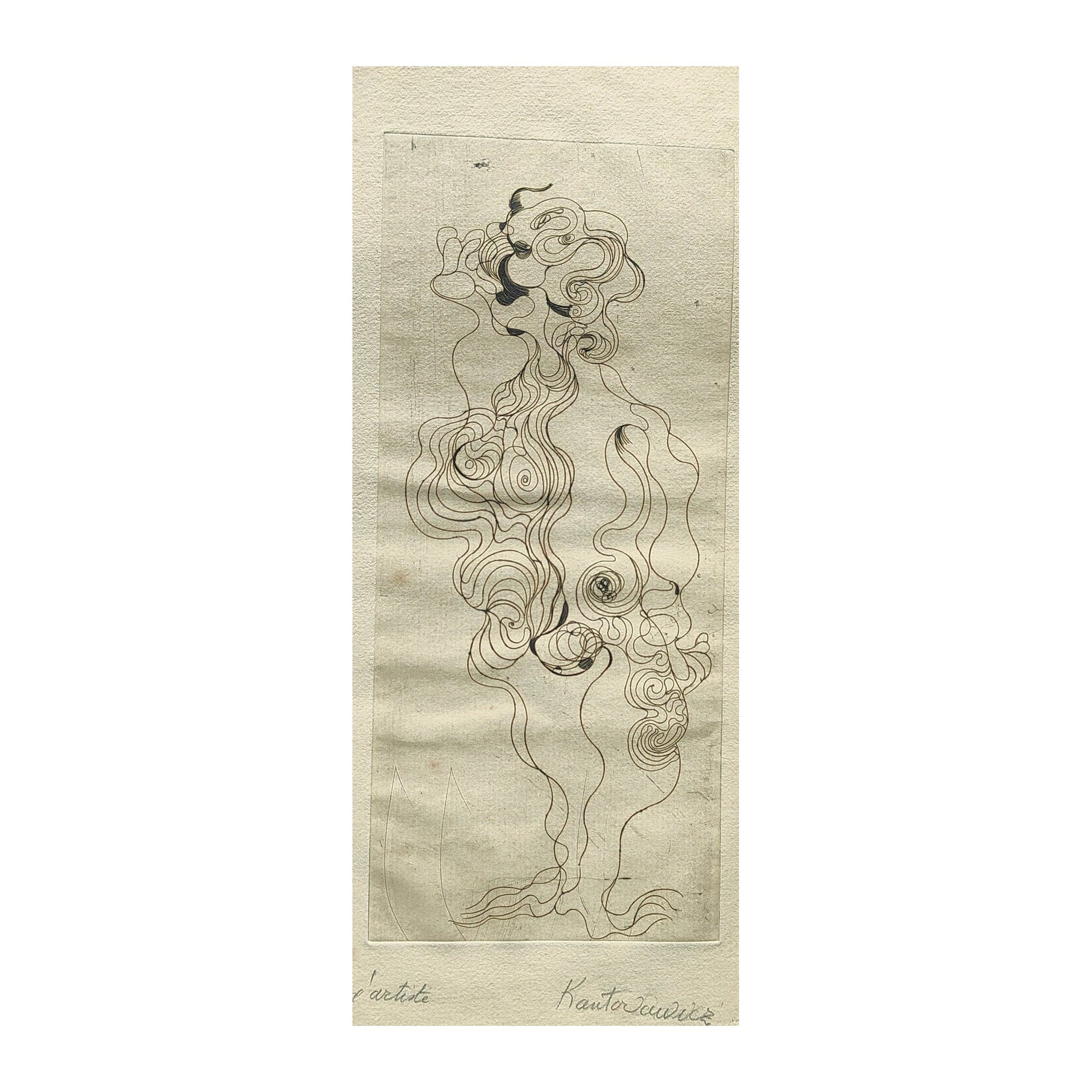 Gravure abstraite en noir et blanc de Serge Kantorowitz, eau-forte originale épreuve d’artiste signée et justifiée