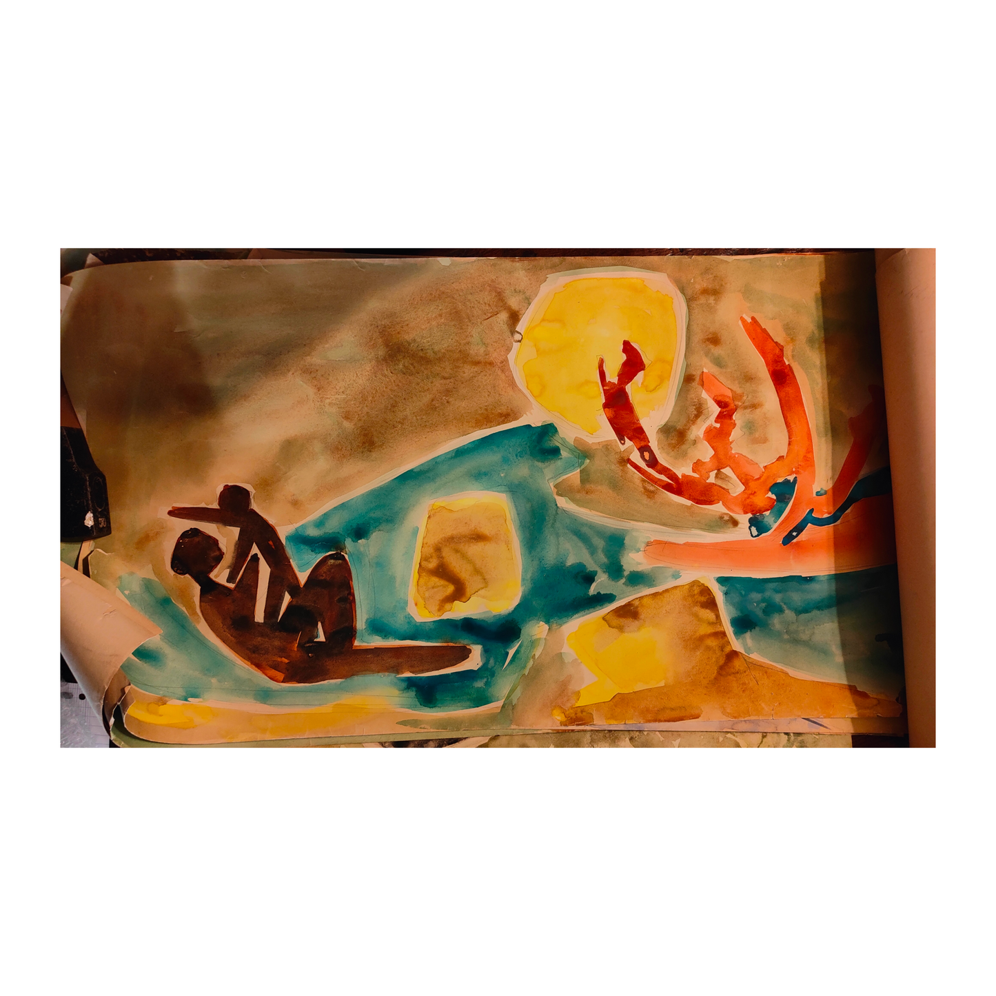 Femme et enfant sur la plage aquarelle Antonio Guansé scène balnéaire familiale plage art espagnol authentique
