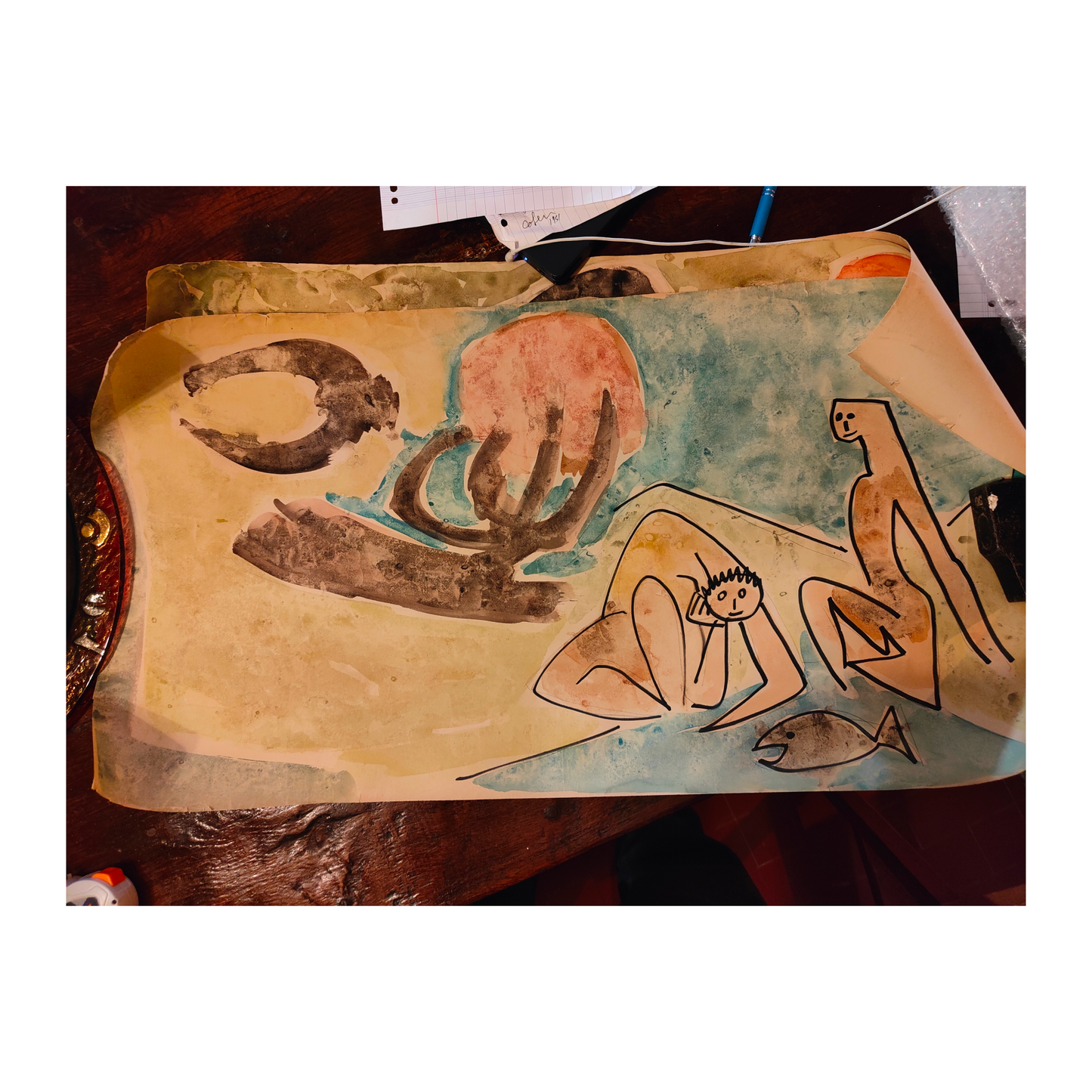 Couple au poisson aquarelle Antonio Guansé scène maritime pêcheurs poisson art espagnol authentique