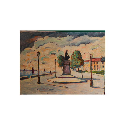 La statue sur la place huile sur panneau Guy Pichon scène urbaine place village sculpture art figuratif
