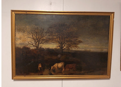 Image traitée - les vaches à l'abreuvoir au crépuscule- huile sur toile - signé Shannon