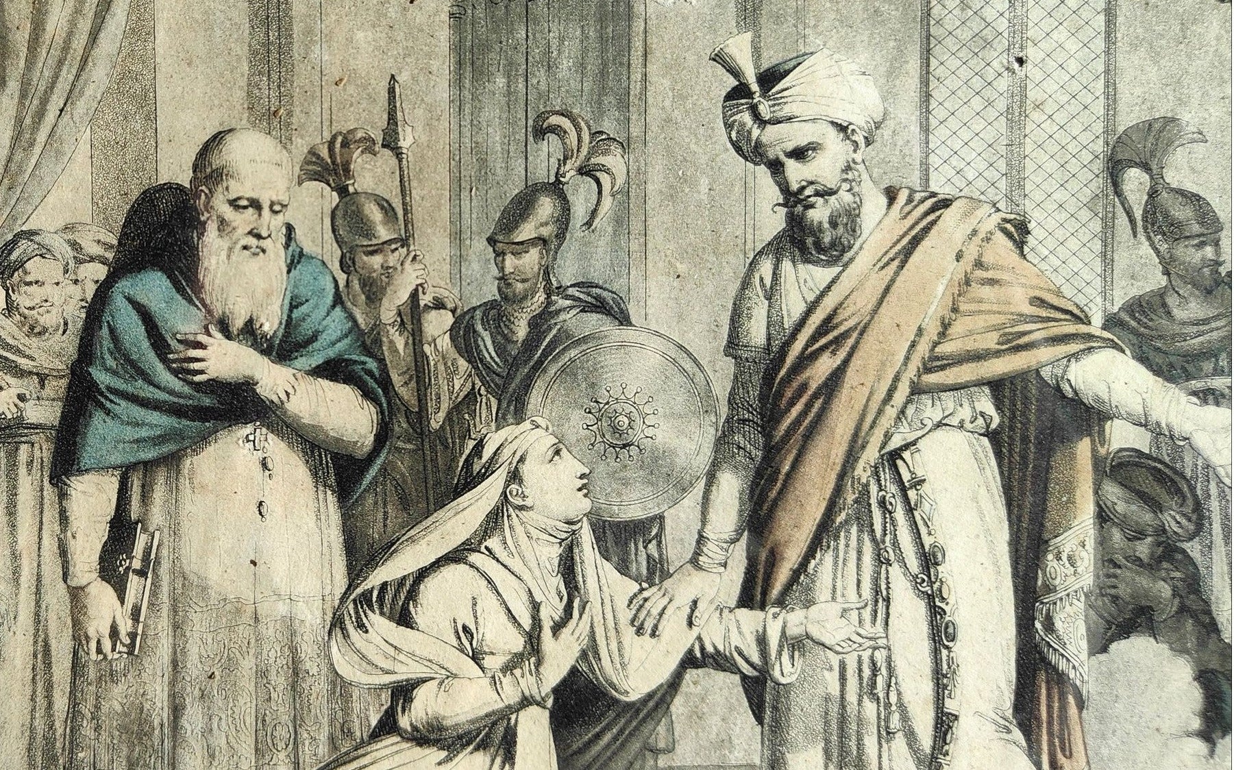 Gravure colorisée du 18e siècle intitulée Mathilde demande à Saladin le corps de Malek Adhel, imprimée par Pierre Michel Alix, encadrée sous verre 44 x 55 cm avec vitre à remplacer
