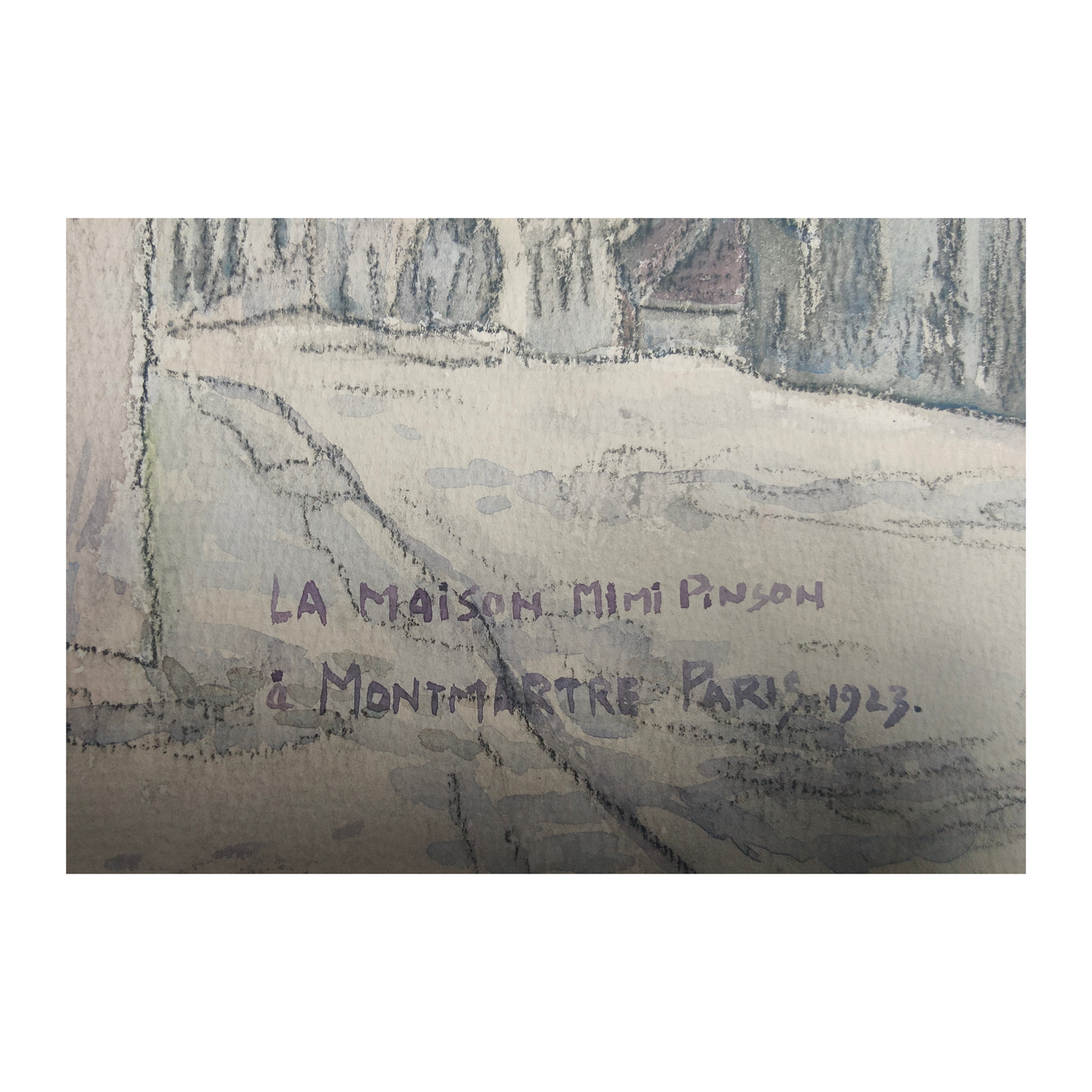 La Maison de Mimi Pinson à Montmartre par Saül Yaffie, aquarelle sur carton fort signée, titrée et datée 1923, vue d’une maison de Montmartre, format 52 x 35 cm.