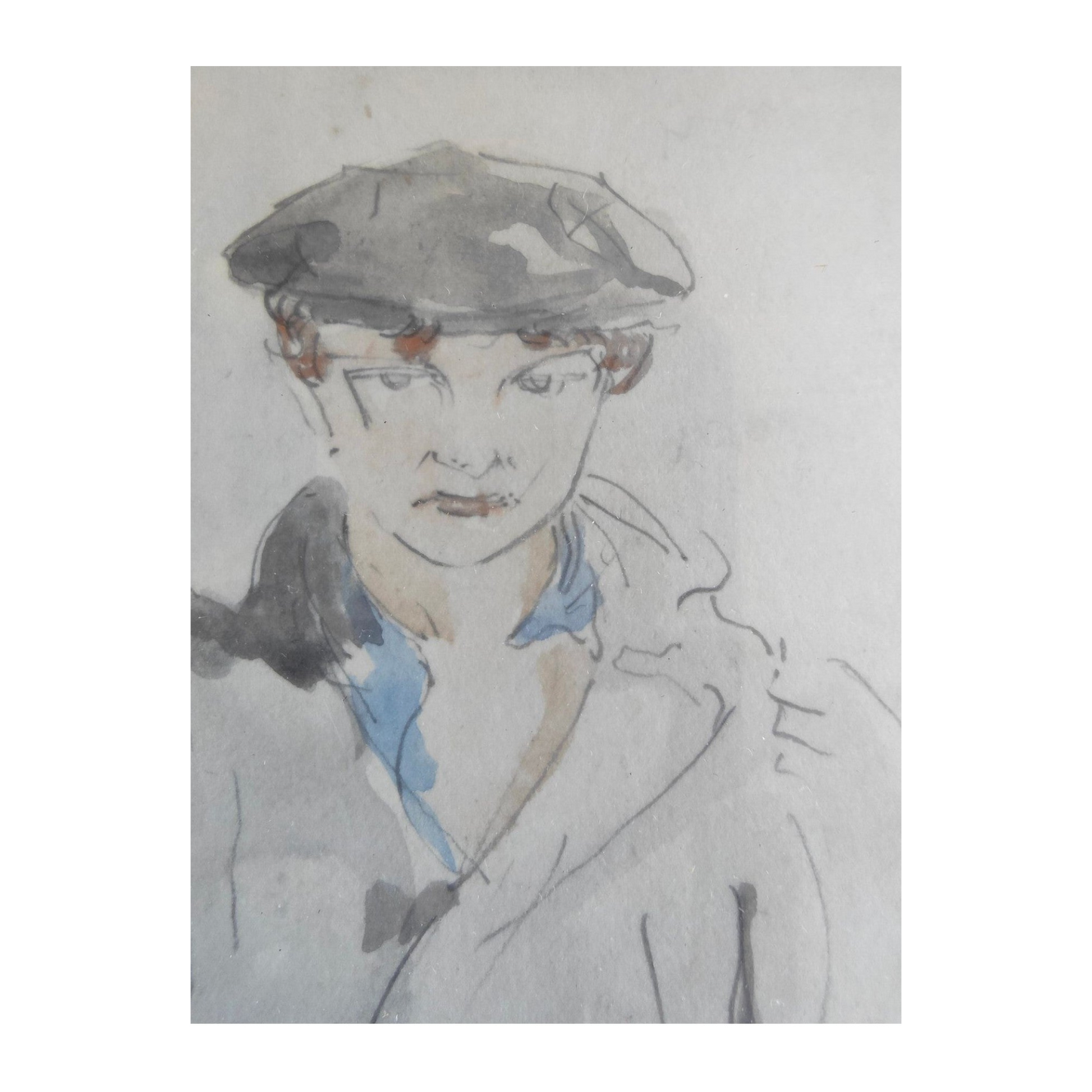 Dessin aquarellé représentant le portrait en pied d’un jeune garçon, œuvre non signée bien encadrée au format 29,5 x 39 cm