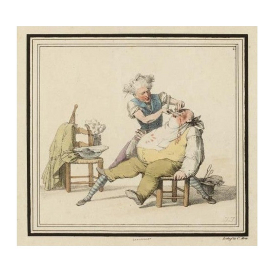 Lithographie coloriée Le Barbier d’Isabey Jean-Baptiste (1818), planche n°4 des Caricatures de J.J., œuvre ancienne encadrée, pièce rare de collection.