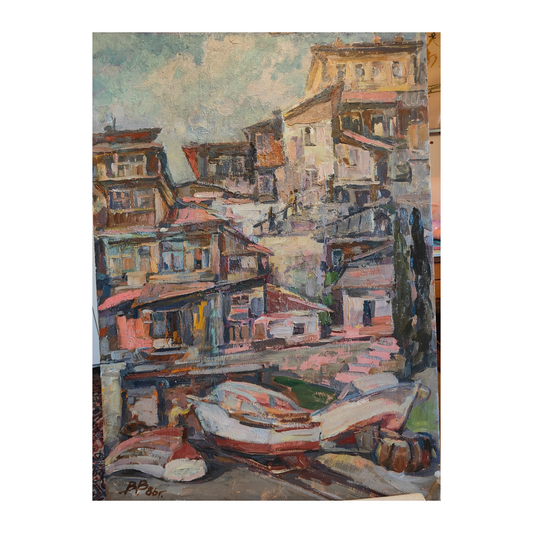 Peinture originale Vue de Hourzouf en Crimée de Viktor Vikhtinsky, œuvre signée du peintre russe, scène lumineuse et détaillée, idéale pour collectionneurs.