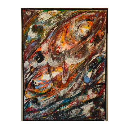 Grande huile sur toile abstraite de Carmelo Tommasini, composition gestuelle et colorée du XXe siècle, présentée encadrée, format 133 x 99 cm.