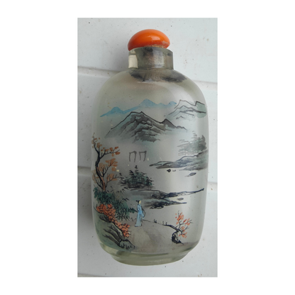 Tabatière chinoise en verre peinte à l’intérieur – Snuff bottle – Décor paysage