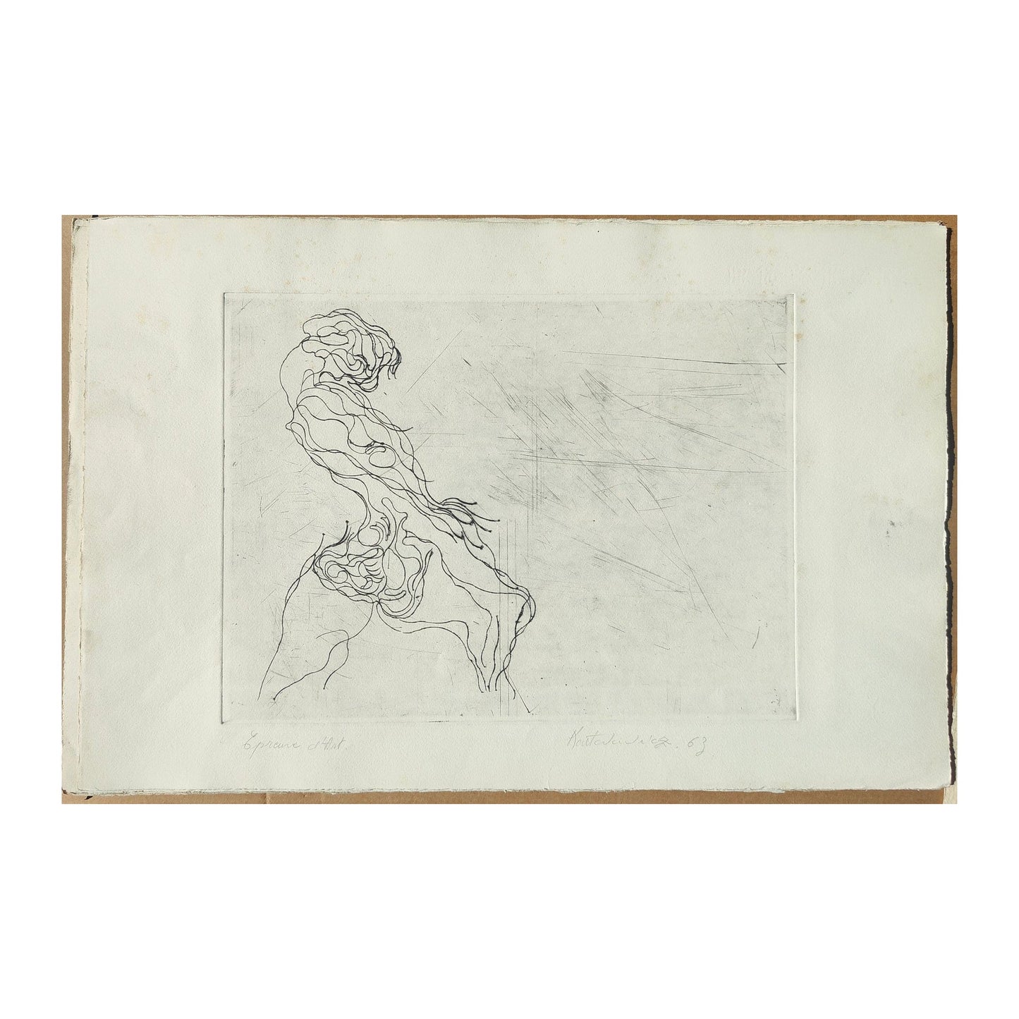 Gravure abstraite en noir et blanc de Serge Kantorowitz, eau-forte originale épreuve d’artiste signée et justifiée
